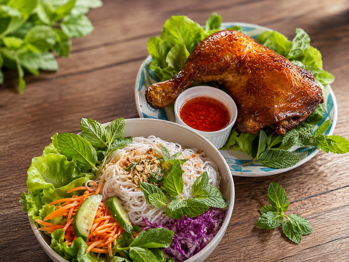 Crispy chicken over noodles with fresh herbs and savoury sauce
