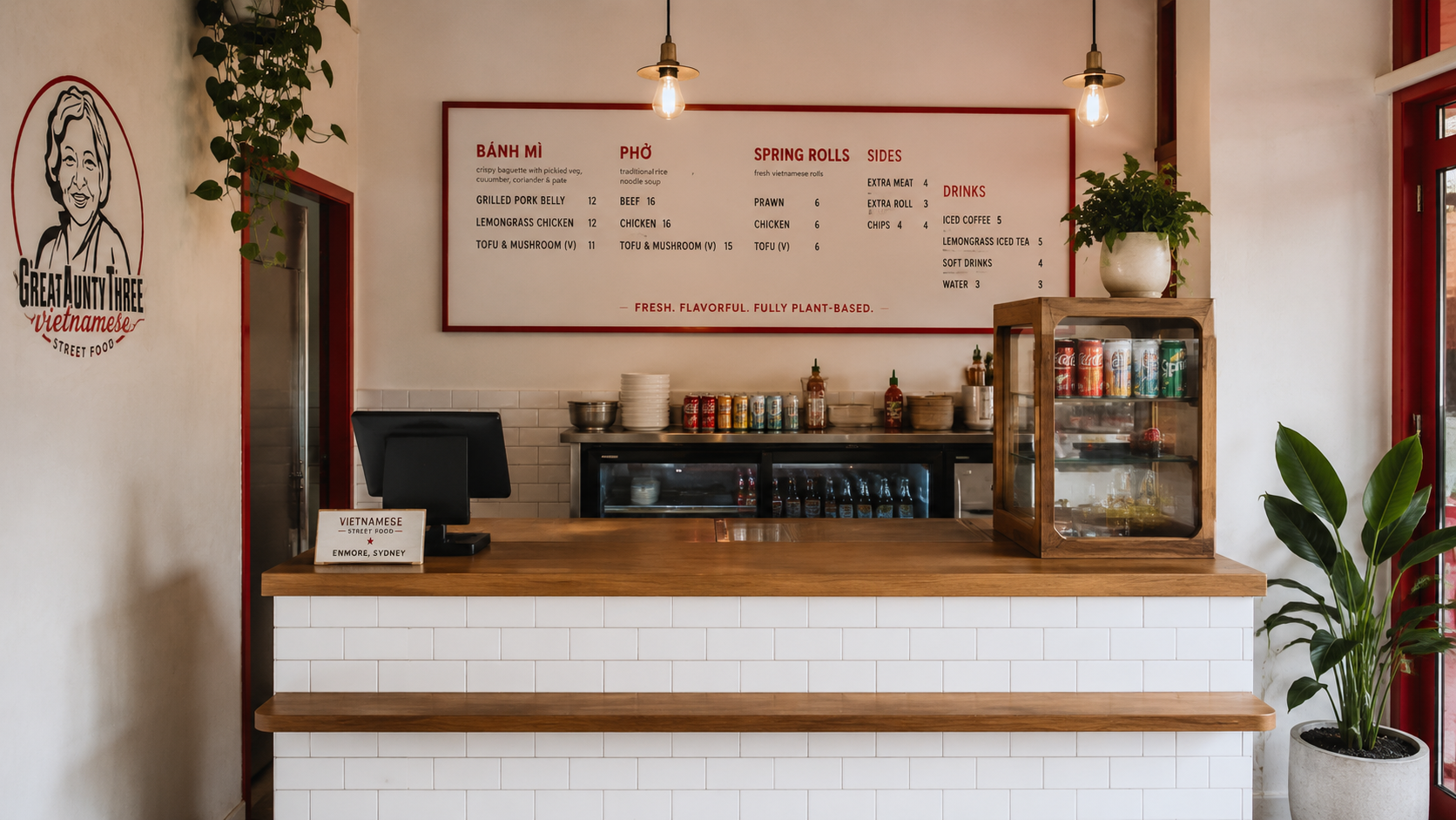 Great Aunty Three ordering counter and menu board inside the Enmore restaurant