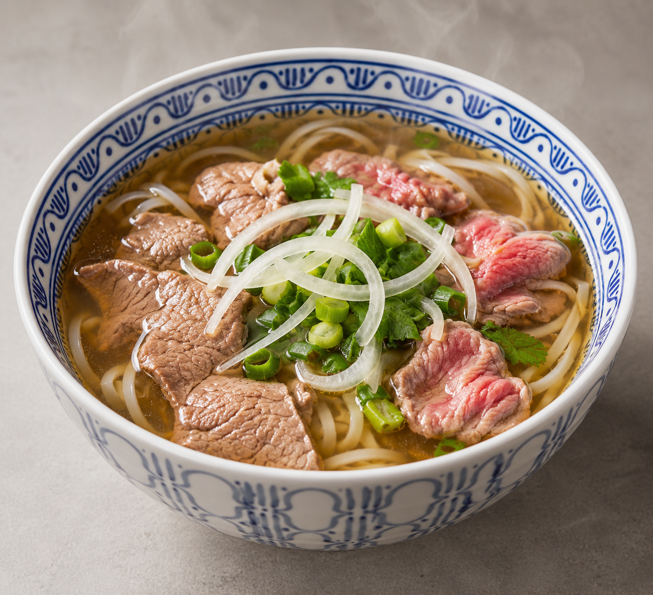 Bowl of traditional Vietnamese beef pho noodle soup with rare beef, rice noodles, onion and herbs