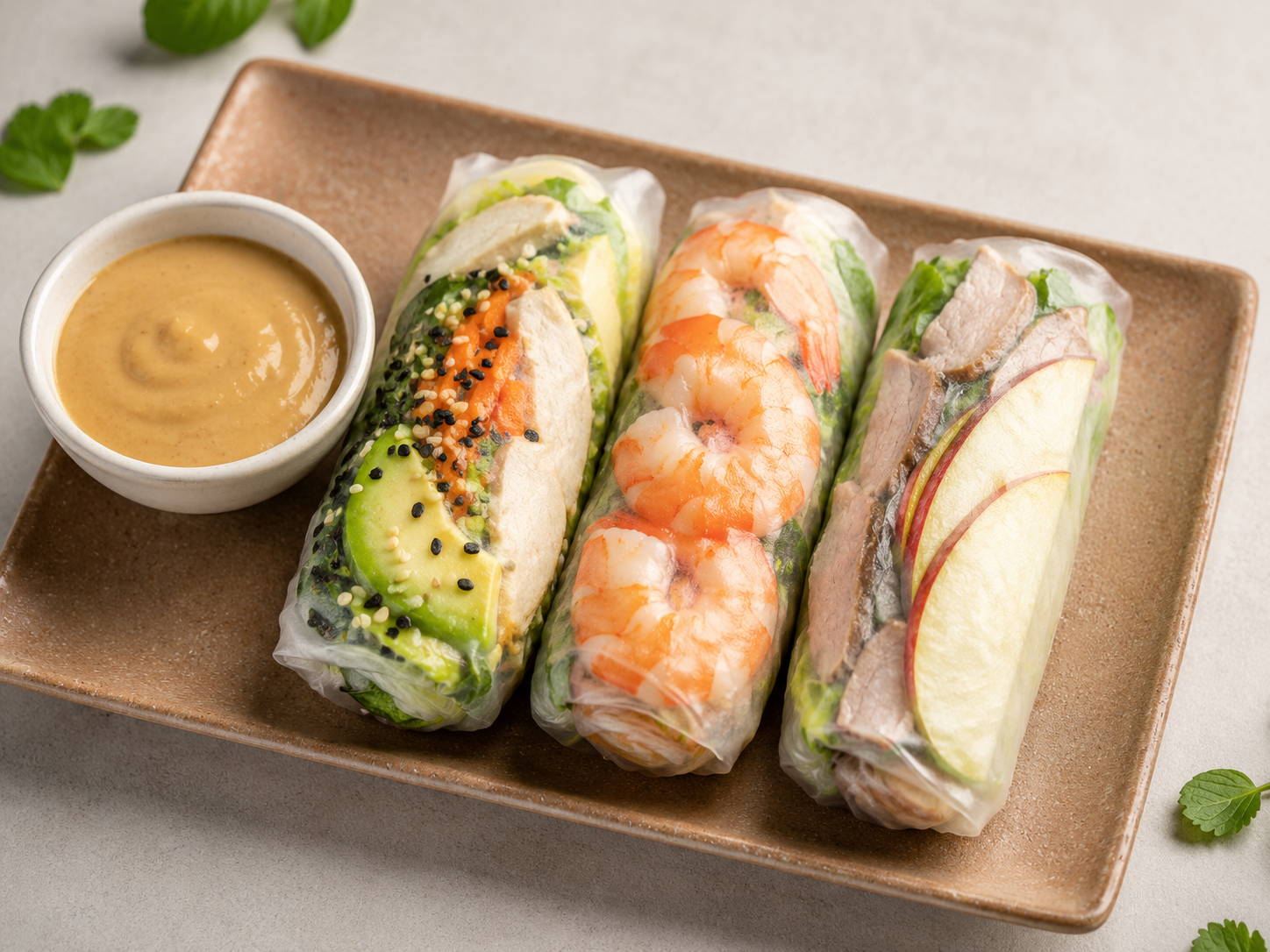 Fresh Vietnamese rice paper rolls with prawn, avocado and roast pork, served with peanut dipping sauce