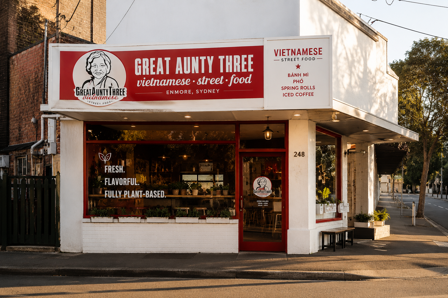 Great Aunty Three storefront exterior on Enmore Road, Sydney, with red and white signage